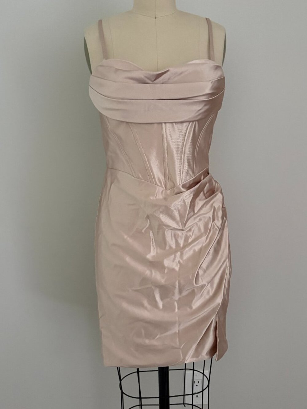 Stacees Champagne Satin Corset Ruched Mini Dress Y2K Baddie Glam Coquette 10